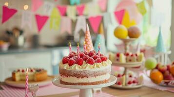 AI generated Decorative bunting, cake, and birthday wishes set a warm celebratory atmosphere photo