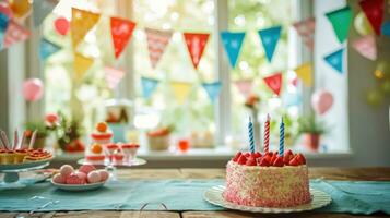 AI generated Decorative bunting, cake, and birthday wishes set a warm celebratory atmosphere photo