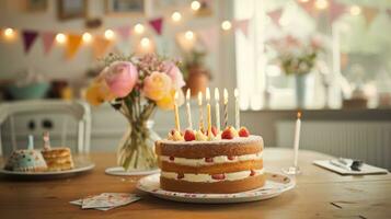 AI generated Decorative bunting, cake, and birthday wishes set a warm celebratory atmosphere photo