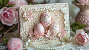 AI generated Delicate egg patterns, lace, and pearls create an Easter card sophistication photo