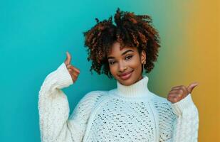 AI generated ctp afroamerican young woman in white sweater with thumbs up while pointing to right photo