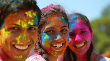 ai generado familia, amigos, y vibrante colores ven juntos en un jubiloso holi reunión foto