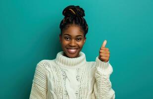 AI generated ctp afroamerican young woman in white sweater with thumbs up while pointing to right photo