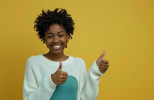 AI generated ctp afroamerican young woman in white sweater with thumbs up while pointing to right photo