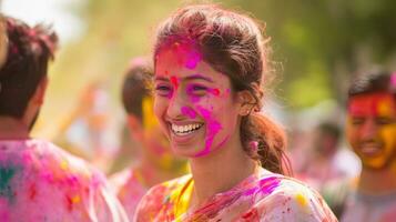 ai generado familia, amigos, y vibrante colores ven juntos en un jubiloso holi reunión foto