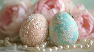 AI generated Delicate egg patterns, lace, and pearls create an Easter card sophistication photo