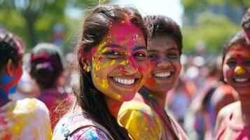 ai generado familia, amigos, y vibrante colores ven juntos en un jubiloso holi reunión foto