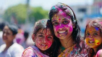 ai generado familia, amigos, y vibrante colores ven juntos en un jubiloso holi reunión foto