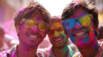 ai generado familia, amigos, y vibrante colores ven juntos en un jubiloso holi reunión foto