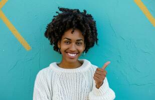 AI generated ctp afroamerican young woman in white sweater with thumbs up while pointing to right photo