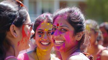 ai generado familia, amigos, y vibrante colores ven juntos en un jubiloso holi reunión foto