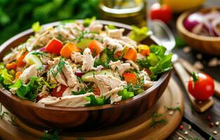 AI generated chicken salad on table with vegetables photo