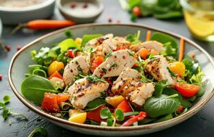 AI generated chicken salad on table with vegetables photo