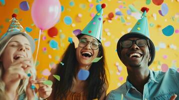 ai generado riendo amigos, fiesta sombreros, y vibrante decoraciones para un animado cumpleaños celebracion foto