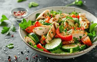 AI generated chicken salad on table with vegetables photo