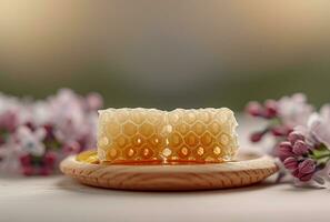 AI generated honey and lilacs on a wooden platter with honeycomb photo