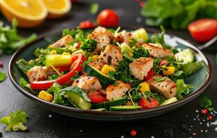 AI generated chicken salad on table with vegetables photo