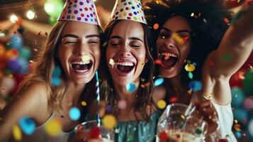 ai generado riendo amigos, fiesta sombreros, y vibrante decoraciones para un animado cumpleaños celebracion foto