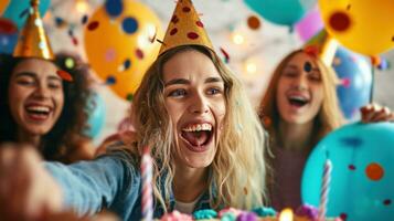 ai generado riendo amigos, fiesta sombreros, y vibrante decoraciones para un animado cumpleaños celebracion foto