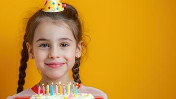 ai generado contento cumpleaños pequeño niña con cumpleaños pastel en contra vívido minimalista antecedentes foto