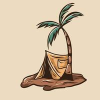 tropical island with tent and palm tree vector