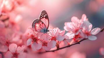 AI generated Pink petals, butterflies, and blooming trees create a springtime enchantment photo