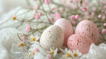 AI generated Pastel eggs, delicate lace, and dainty florals compose a refined spring background photo