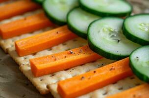 AI generated sliced crackers with carrots and cucumber photo