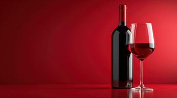 AI generated red wine bottle and glass of red wine on a red background photo