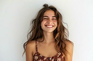 AI generated smiling happy woman laughing in studio portrait photo