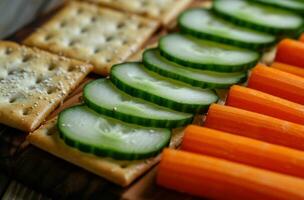 AI generated sliced crackers with carrots and cucumber photo