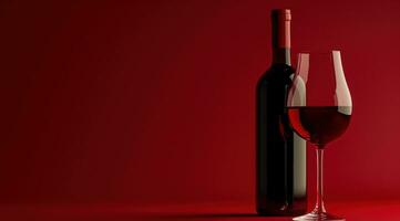 AI generated red wine bottle and glass of red wine on a red background photo