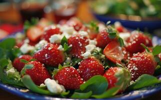 AI generated strawberries and feta are topped with green salad photo