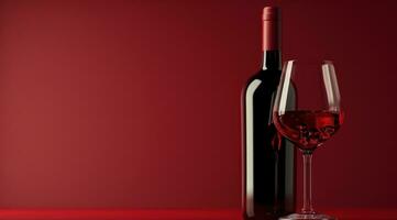 AI generated red wine bottle and glass of red wine on a red background photo