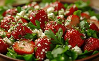 AI generated strawberries and feta are topped with green salad photo