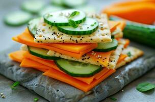 AI generated sliced crackers with carrots and cucumber photo