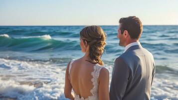 AI generated Seaside wedding bliss, waves crashing as a picturesque backdrop to an unforgettable ceremony photo