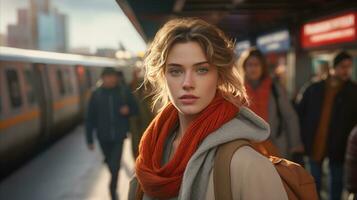 AI generated A woman waiting at the train station ready to go on a journey. photo