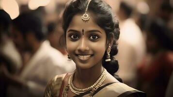 AI generated A young woman in traditional attire smiling, hinting at cultural heritage and joy. photo