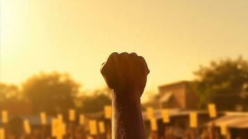 AI generated A person raising a fist in front of a crowd, symbolizing unity, strength, and solidarity. Generative AI photo