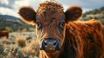 AI generated Close-up of a brown cow. Generative AI photo