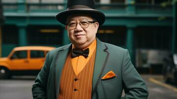 AI generated An Asian man in a suit and hat standing on the street. photo