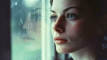 AI generated A woman is looking out the window at a rainy day. Generative AI photo