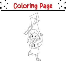 Cute kids with kite sky coloring page vector