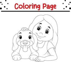 Coloring page little girl puppy vector