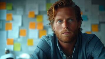 AI generated Thoughtful professional man with post-it notes in background photo