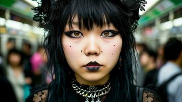 AI generated Stylish young woman with gothic fashion in urban setting photo