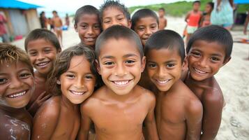 ai generado grupo de contento niños jugando al aire libre en un tropical pueblo foto