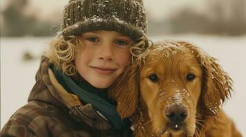 ai generado pequeño chico abrazando su perro en nieve. generativo ai foto