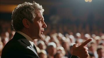 AI generated Confident businessman giving speech at conference event photo